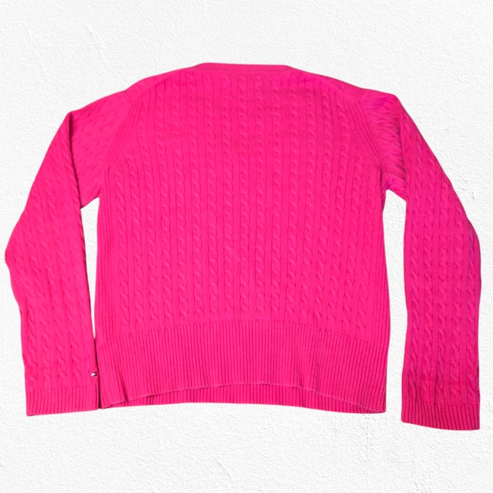 Y2K Tommy Hilfiger Hot Pink V Neck Heavy Cable Knit Pullover Sweater Size Large